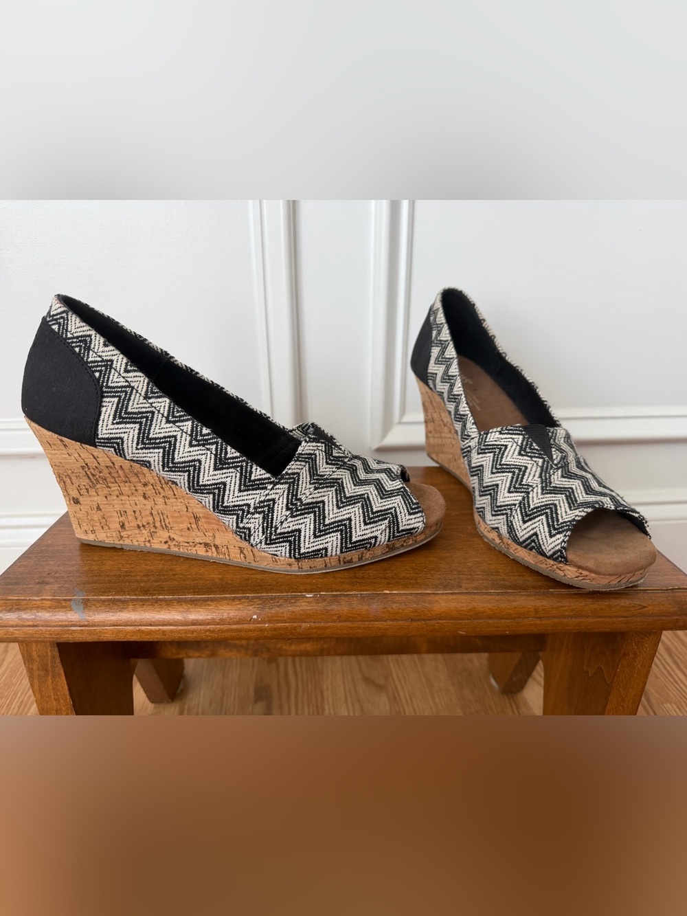 Toms Black & White Chevron Cork Wedge Peep-Toe Shoes